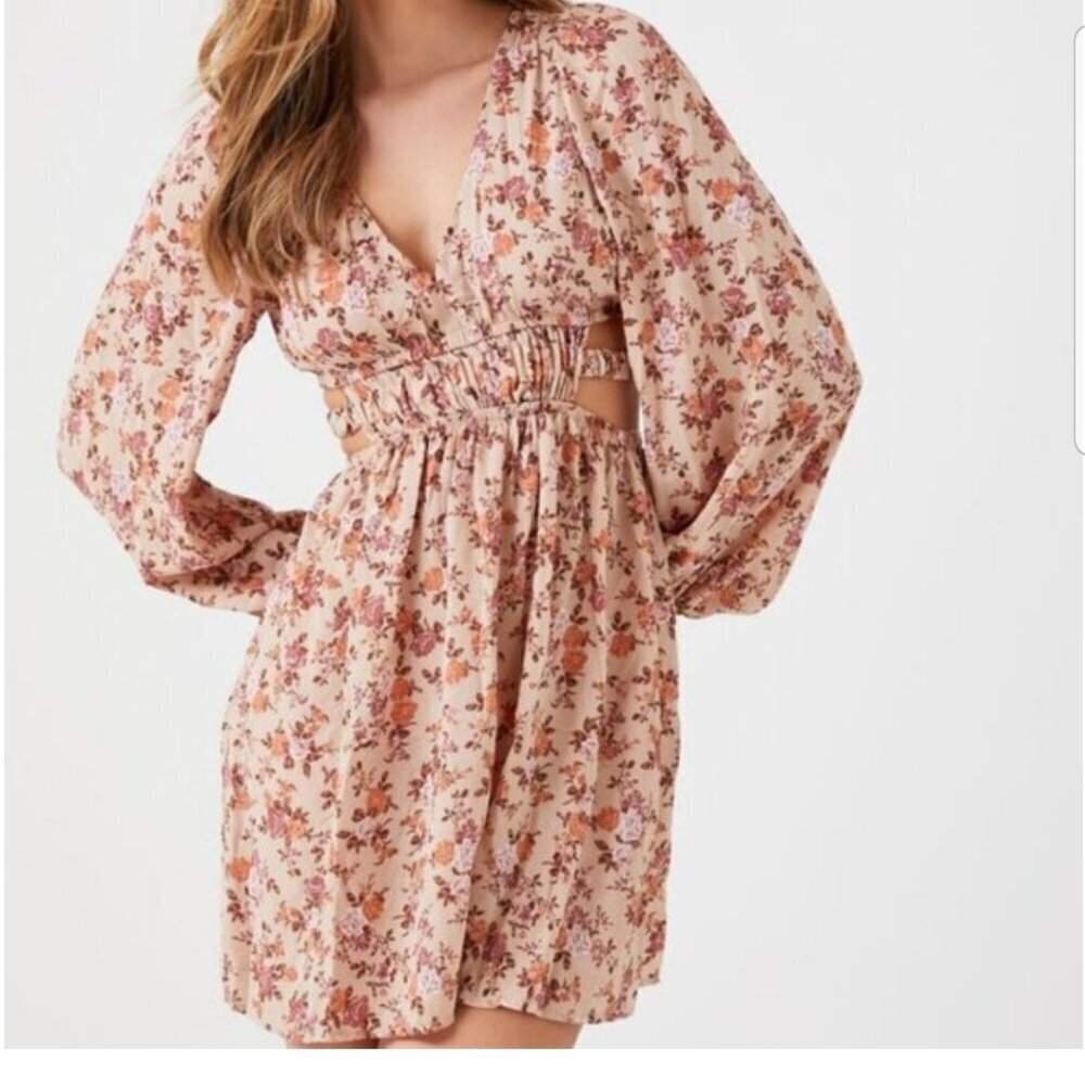 Floral Print Cutout Summer Mini Dress Taupe/Multi. Size Large